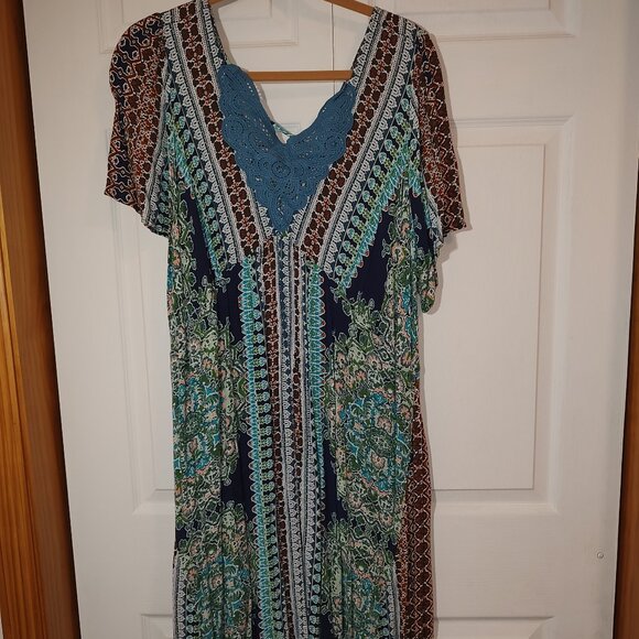 One World 100% Viscose Flowy Lace Accent Summer Dress-Open Back-Size 2x-3X - Picture 1 of 15